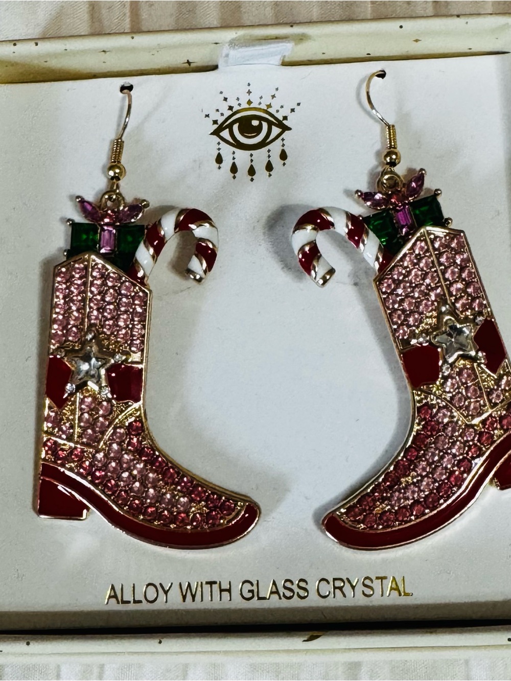 Holiday Pink Cowboy Boot Earrings with Candy Cane Accent